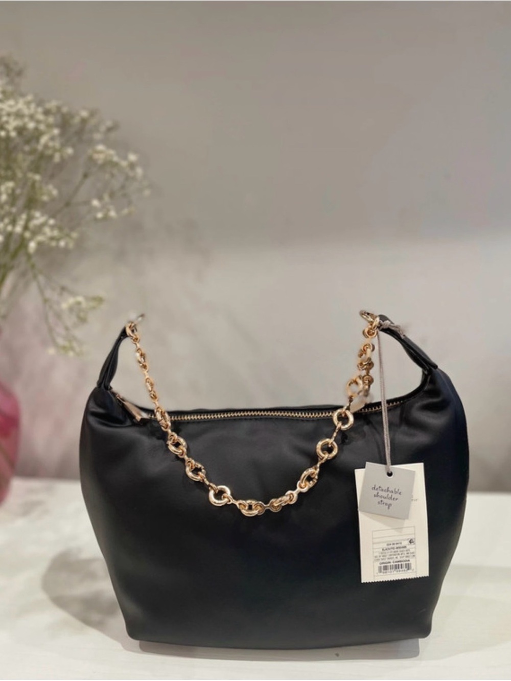 Black Shoulder Bag with Gold Chain Accent